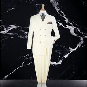 MEN'S APOLLO KING 2 PC DOUBLE BREASTED OFF WHITE WIDE PEAK LAPEL SUIT. DM-35